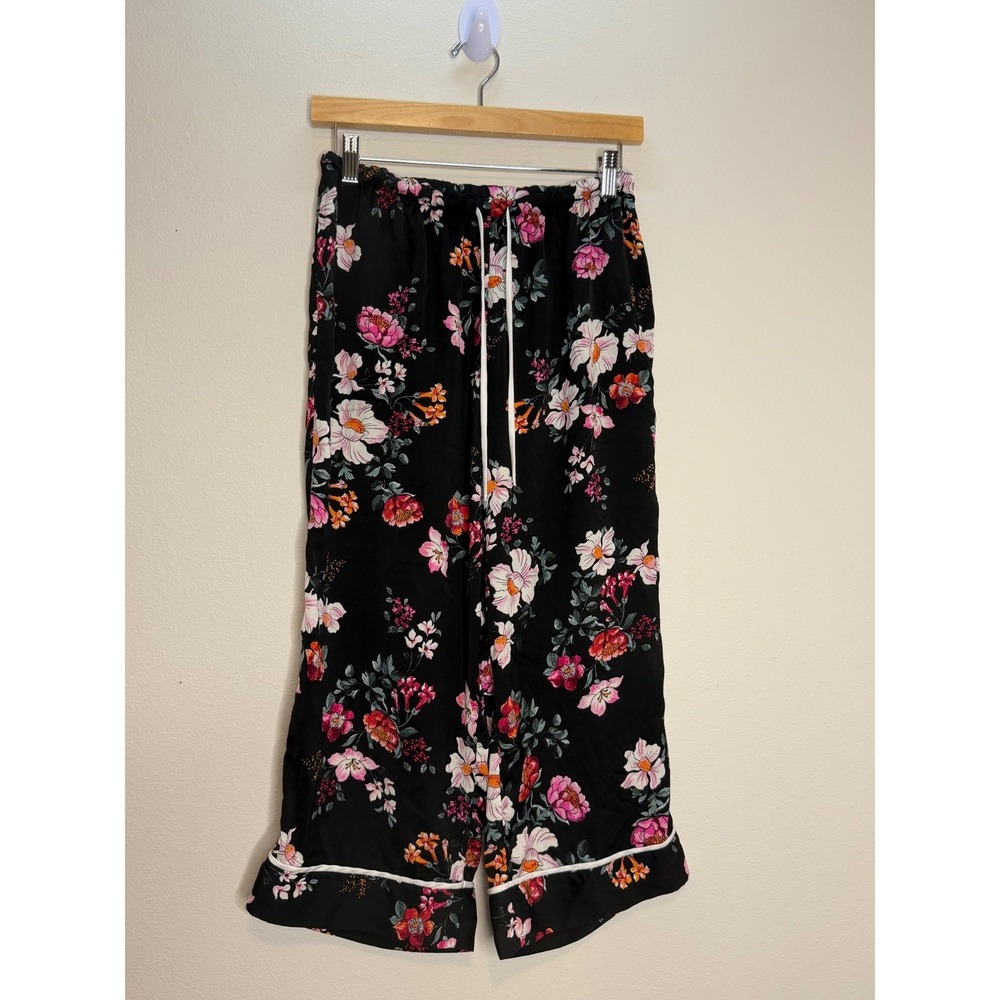 Room Service Womens Floral‎ Pajama Pants Black Satin Cropped Wide Leg XS
